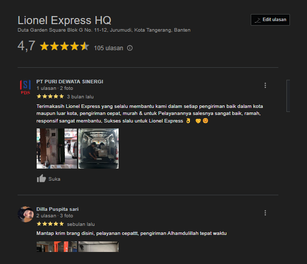 Ulasan atau Google Review Lionel Express